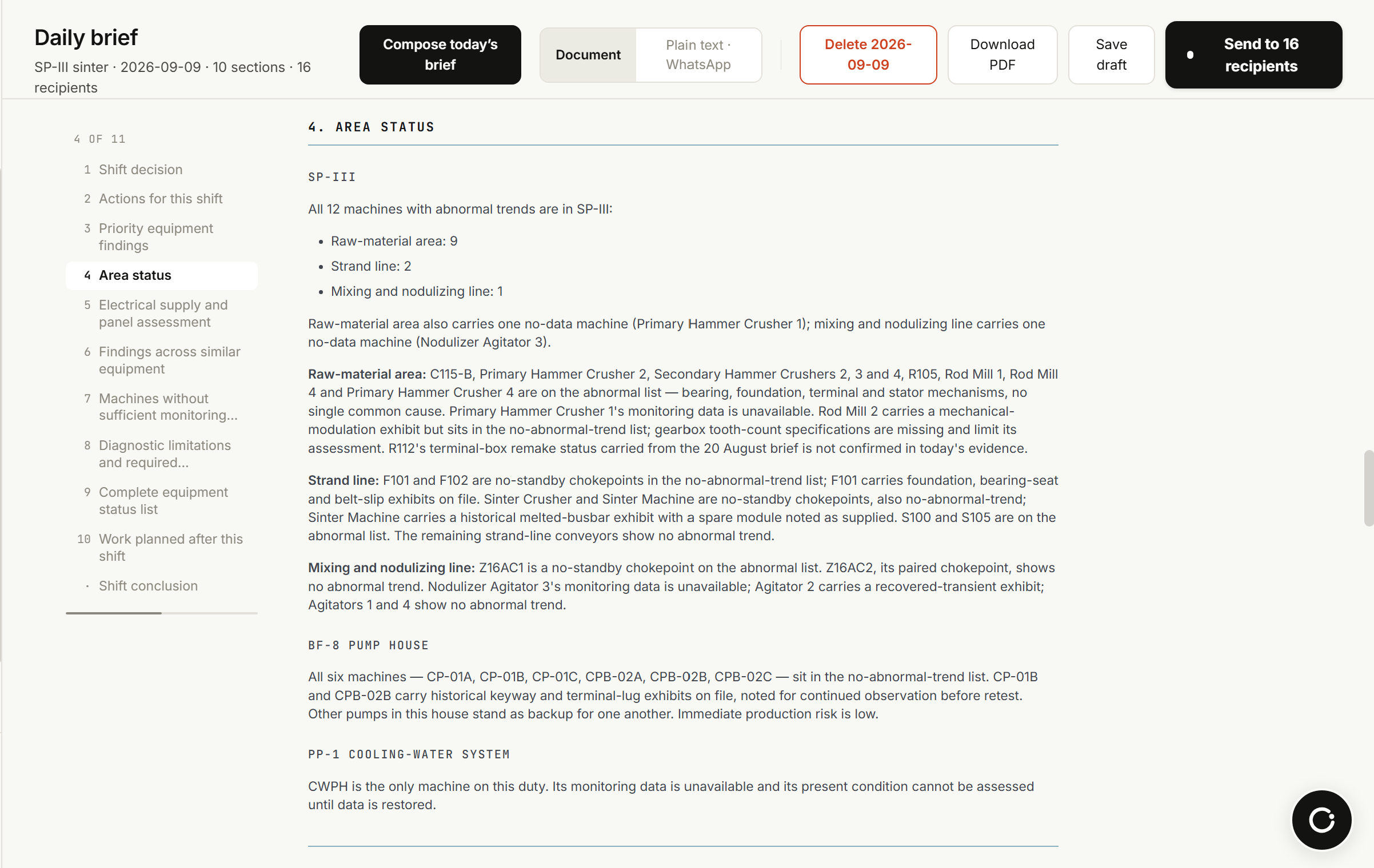 The report generator: scope, horizon and seat selectors, with the generated document beside them.