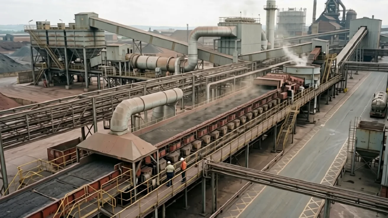 A sinter plant seen from above, the strand running the length of the frame with conveyors, ducting and two operators on the walkway
