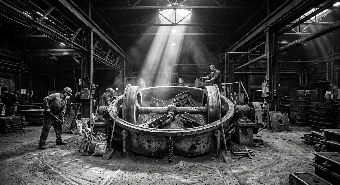 A sand muller in a foundry, its bowl open with the muller wheels and plough blades under a coat of grit, a shaft of light falling through the dust from a roof vent