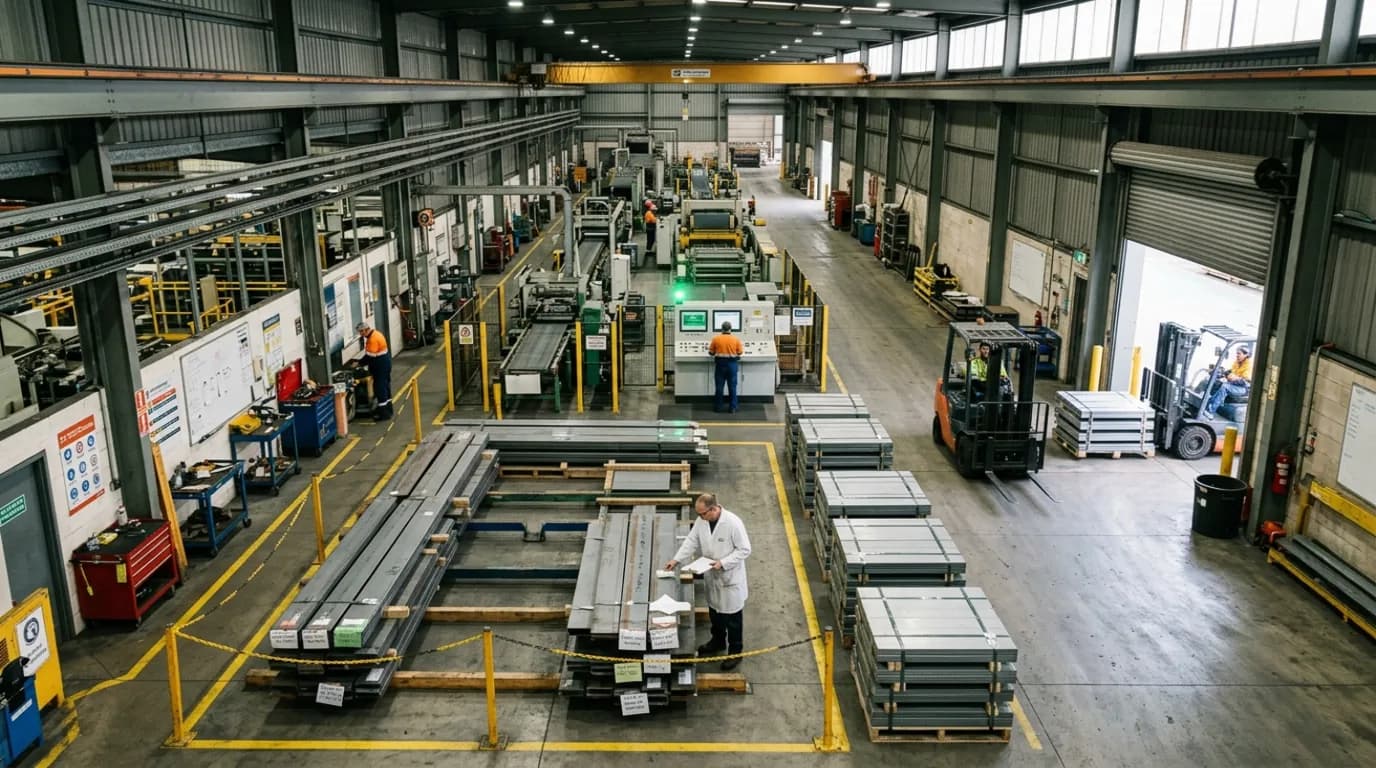 A steel processing hall seen from above, an inspector checking bar stock against a sheet while a forklift moves stacked plate