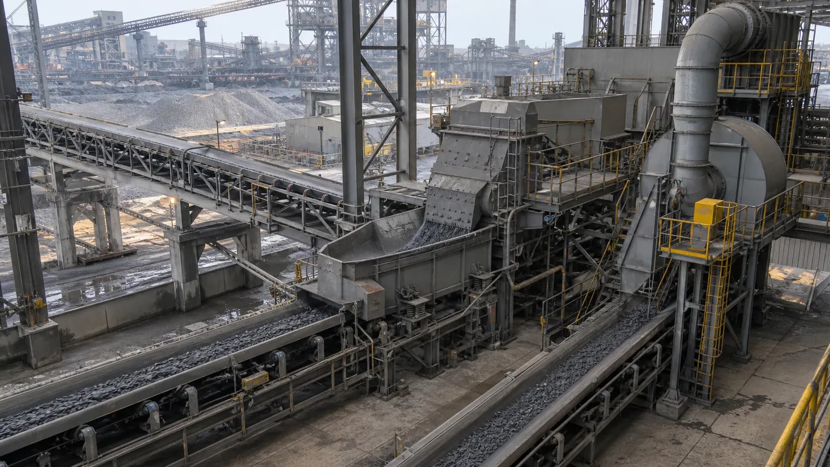 AI-generated photorealistic scene of connected conveyors, crushing and screening machinery at a steel sinter plant.